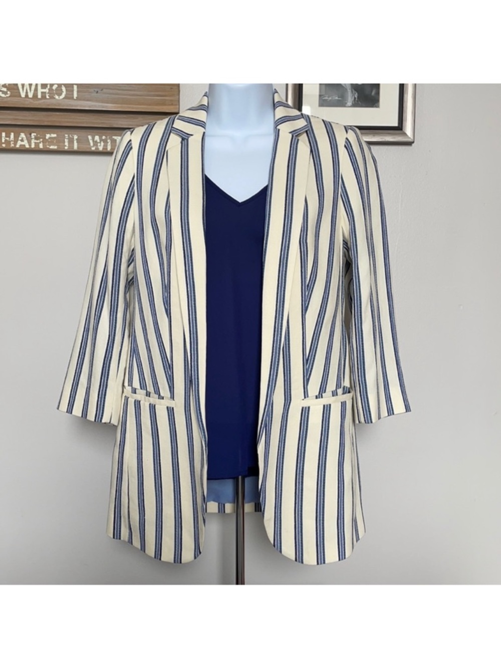 Express Striped Open-Front Blazer Jacket in Cream and Blue